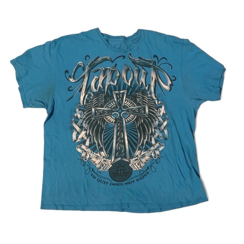 Vintage Tapout Y2K Graphic T-Shirt Blue Cross Wings “To Quit Does Not Exist”